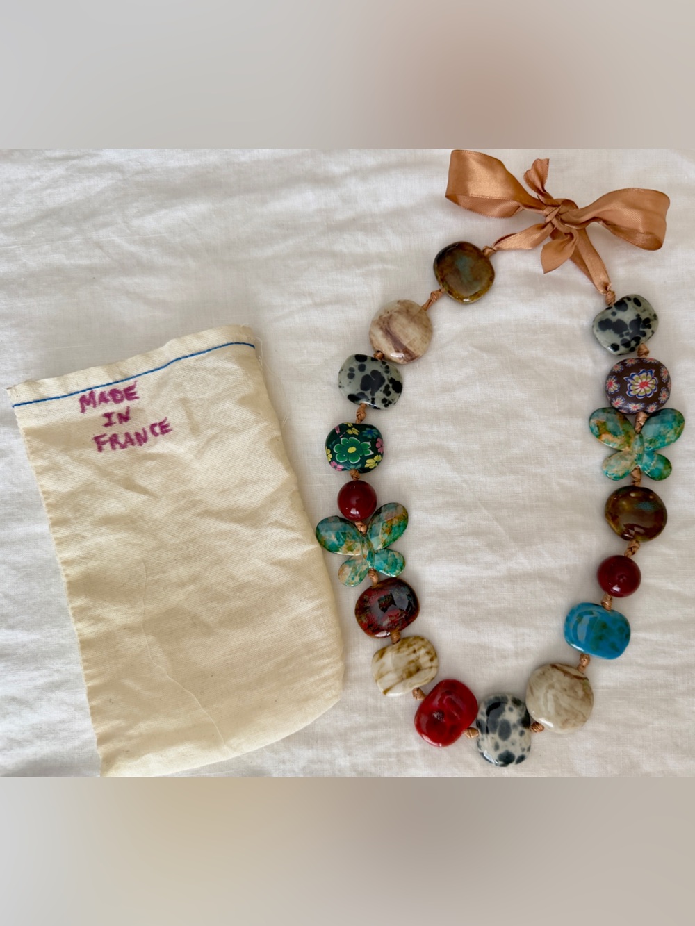 Handmade🇫🇷 in France Multicolor Stone & Ribbon Statement Necklace. NEW - Picture 2 of 5
